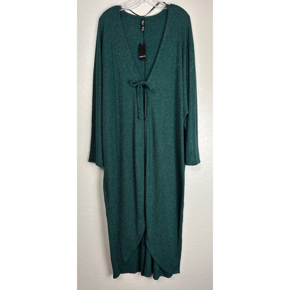 Torrid Shimmer Rib Tie Front Lounge Cocoon Cardigan Green Silver 3X 2329
